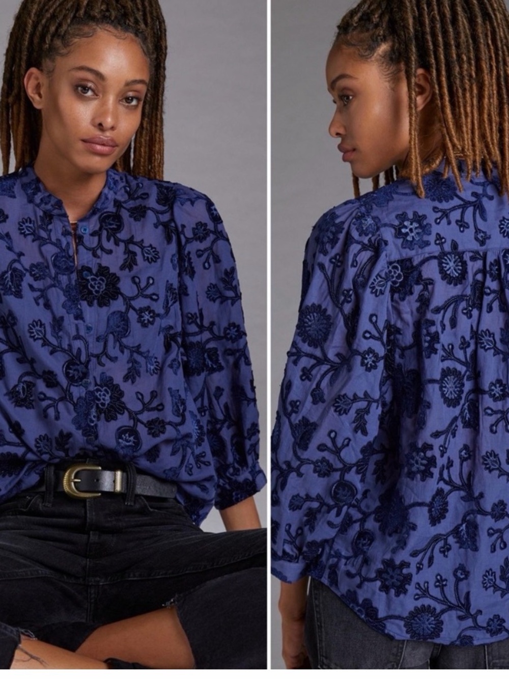 Anthropologie Pilcro Navy Blue Embroidered Floral Blouse